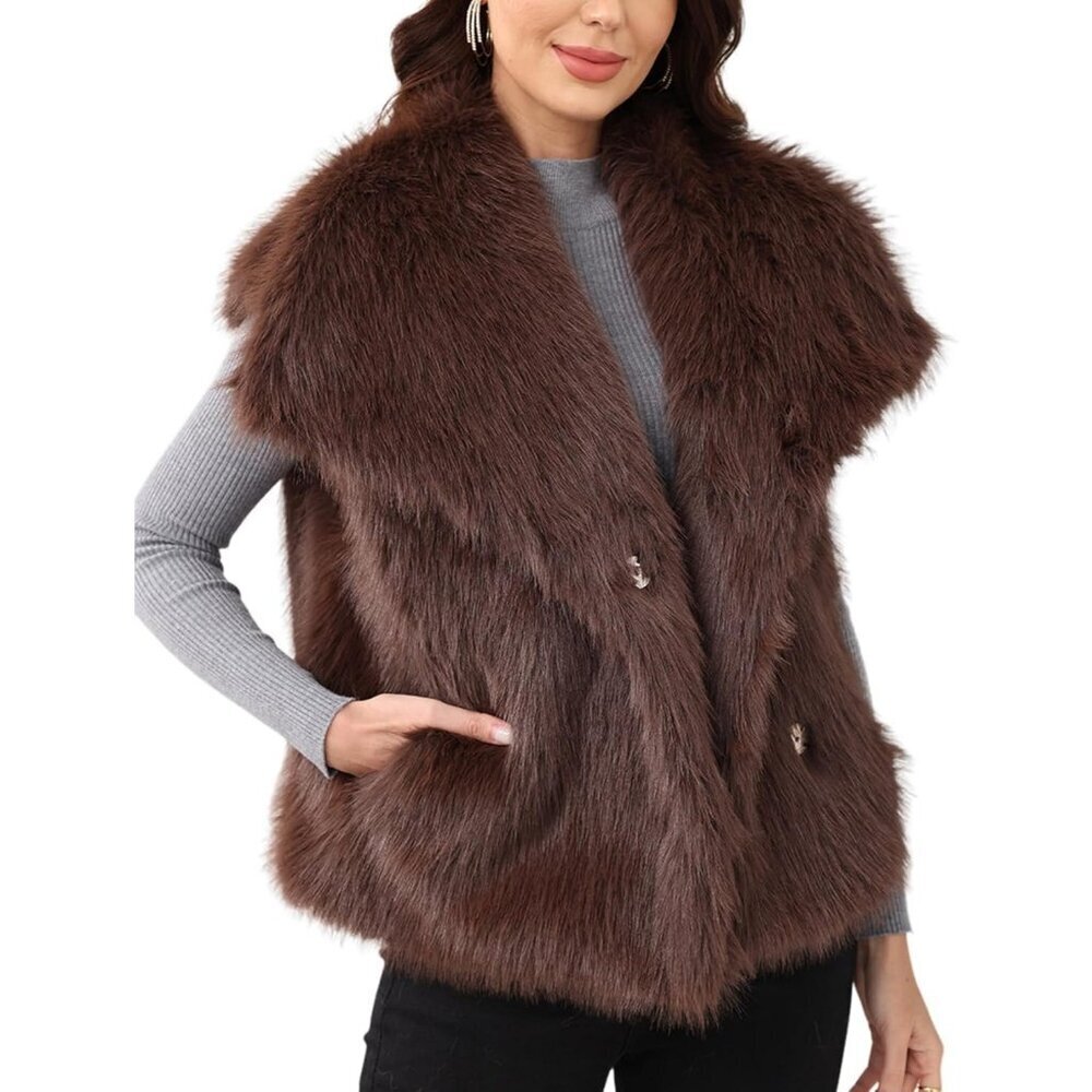 Women's Coffee Faux Fur Vest Lapel Collar Sleeveless Furry Jacket Shaggy Warm